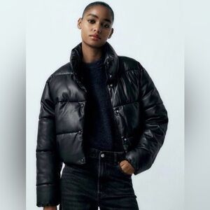 ZARA black faux leather cropped puffer jacket